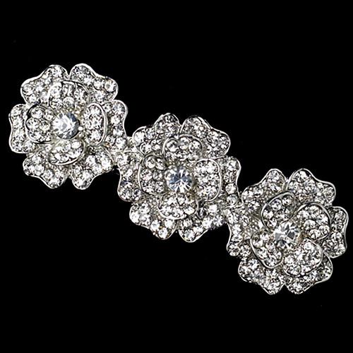 3.5 Inch Vintage Rhodium Silver Tone Clear Rhinestone Diamante Encrusted Flower Women Headware Hair Barrette