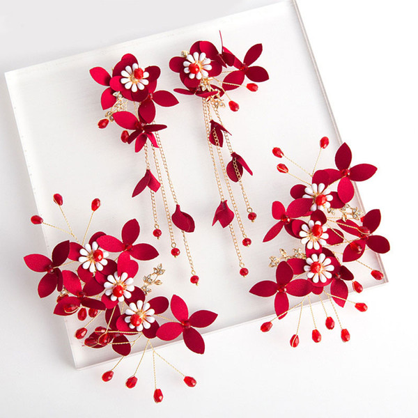 Red Vintage Bride Hair Clips Fashion Fabric Flower Women Barrettes Creative Handmade Ear Clips Earring Wedding Barrettes Earring Set Jewelry