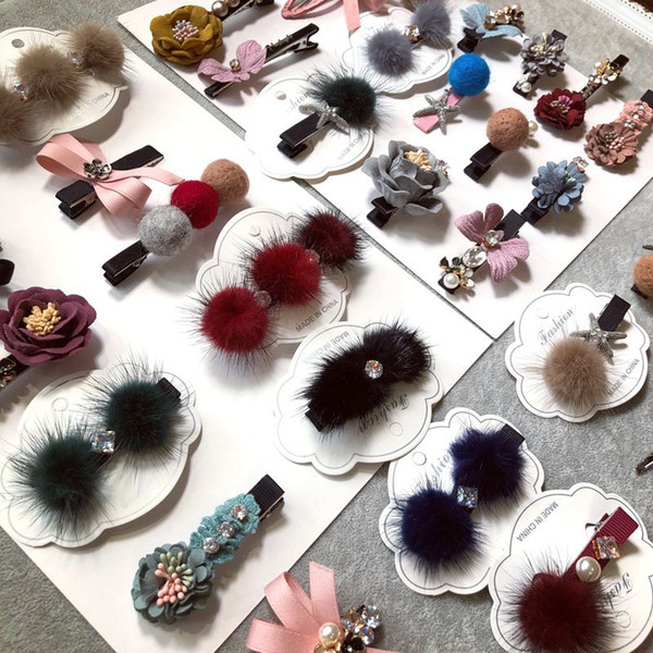 Wholesale top quality plush and crystal women hair clip girls lovely rhinestone barrettes clips hairpin mixed types