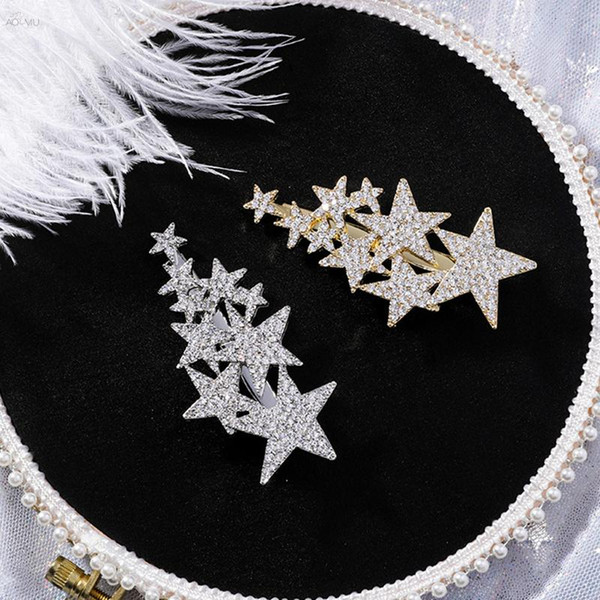 AOMU Korea Women Shiny Rhinestones Big Small Star Hairpins Hair Accessories for Girls Metal Gold Silver Hair Clips Hairgrip