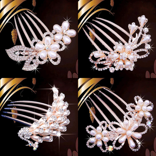 Bride Hairpin Peacock Pearl Flowers Wedding Crystal Rhinestone Pearl Flower Hairpin Diamante Clip Hair Comb Pin Jewelry