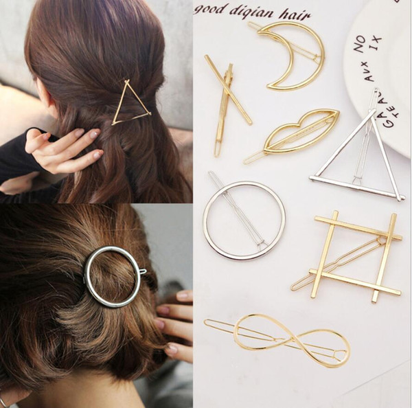 Vintage Gold/ Silver Circle Lip Moon Triangle Hair Pin Clip Girls' Hair Clips Metal Hair Accessories