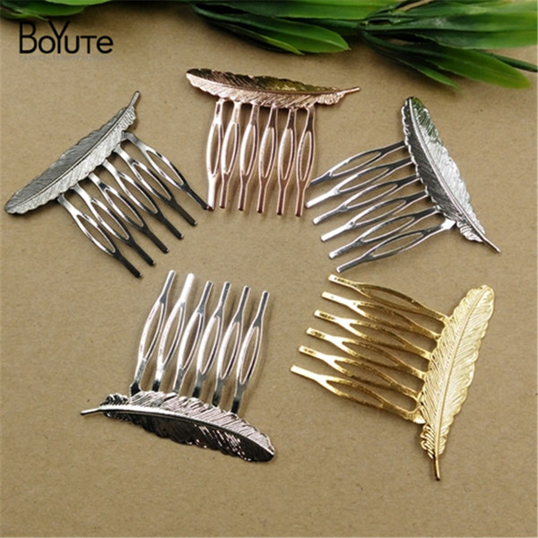 BOYUTE 10 Pieces 65*45mm 6 Color Feather Hair Comb 6 Colors Plated DIY Women Hair Accessories