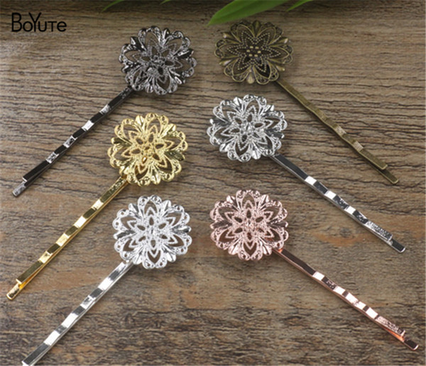 BOYUTE 20 Pieces 20MM Filigree Flower Girls Hair Clip Ornaments 6 Colors Plated Women Headwear embellishments