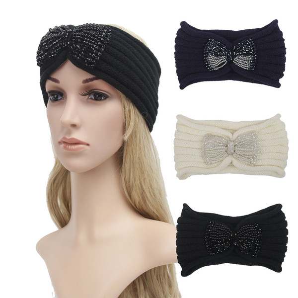 Women Fashion Hair Jewelry Diamonded Rosette Headbands Knit Hair bands Winter Ear Warmer Wool hair bands free shipping