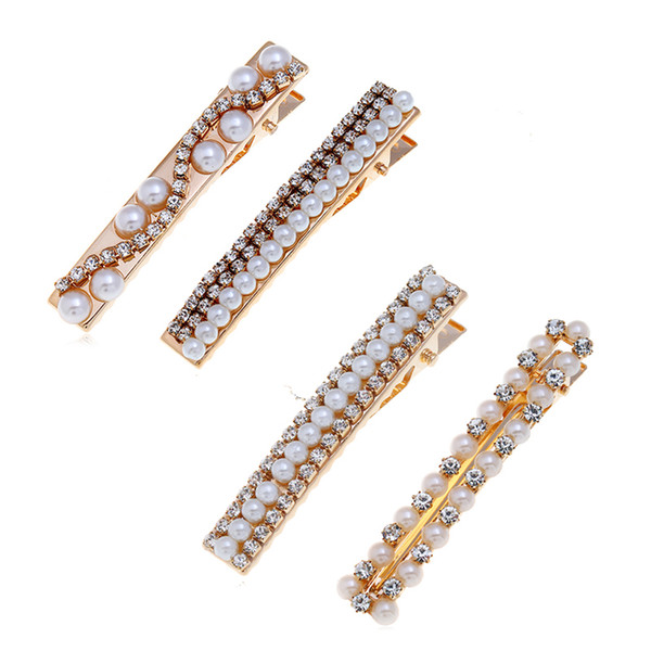 Sweet Imitation Pearl Rhinestone Hair Clip For Women Simple Rectangle Alloy Gold Plated Barrettes Fashion Hair Jewelry Accessories Wholesale