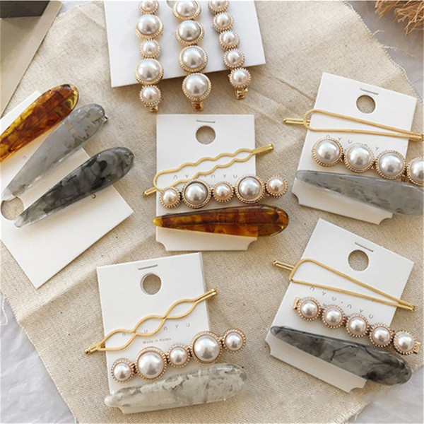 3pcs/set Korean Women Girls Metal Pearl Marble Hair Clip Combination Barrette Pearls Hairpin Hair Styling Accessories