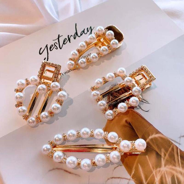 Hot New Fashion Crystal Pearl Duck Clips Geometry Shape Barrette Women Girl Retro Pearl Hair Clamps Hair Jewelry Accessories