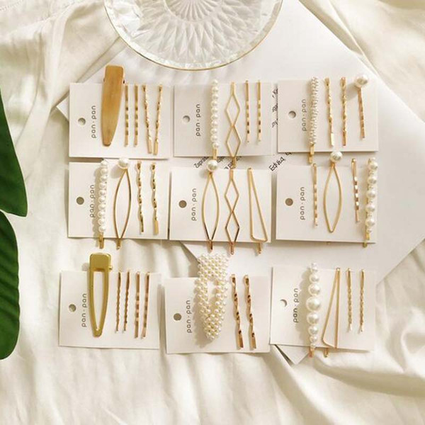 1 Set Crystal Pearl Barrettes Geometry Shape Hair Clips Clamps Women Girl Gold Tone Hair Jewelry Accessories Support Mix