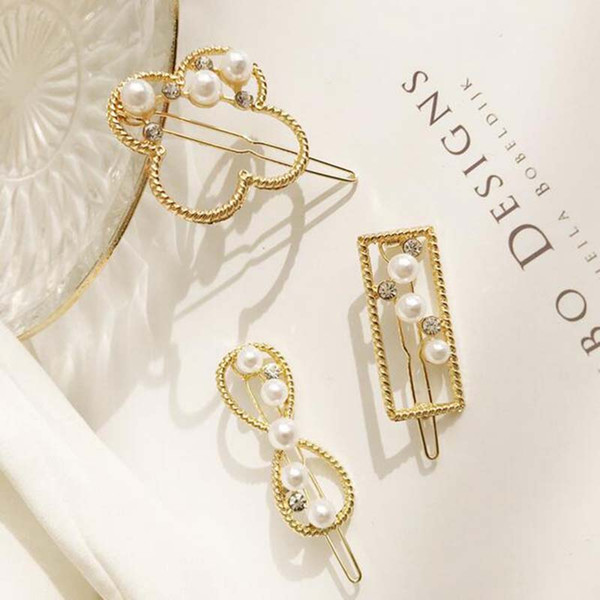 Korea Fashion Crystal Pearl Barrettes Gold Tone Geometry Shape Hair Clips Clamps Women Girl Hair Jewelry Support Mix
