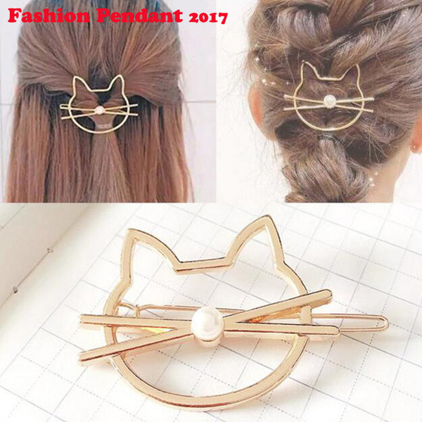 Women Girls Metal Alloy Hairgrip Barrette Hollow Geometric Cat Circle Shape Hair Clip Faux Pearl Decor Barrettes Holder Glitter