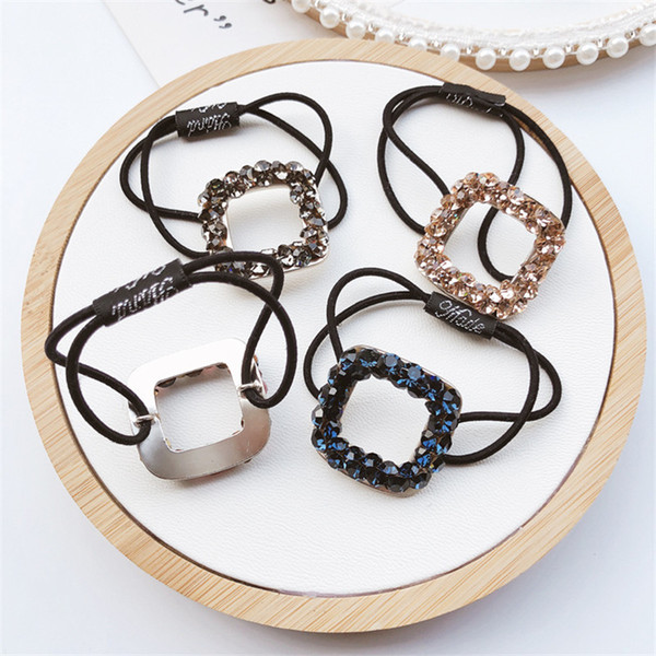 Luxury Rhinestone Women Hair Rubber Bands Fashion Square Alloy Elastic Hair Bands Vintage Lady Jewelry Acces