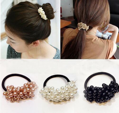 Women Hair Accessories Pearls Beads Headbands Ponytail Holder Girls Scrunchies Vintage Elastic Hair Bands Rubber Rope Headdress