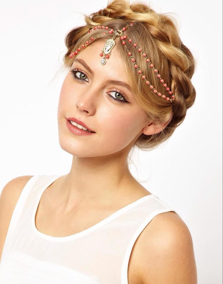 idealway European Style Gold Plated Chain Red White Orange Beads Rhinestone Carving Drop Head Band Hair accessories