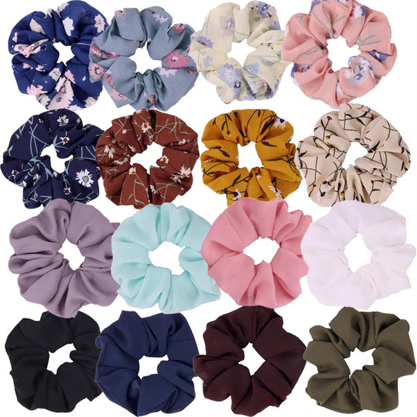 16 Colors Women Chiffon Flower Hair Scrunchies Hair Bow Chiffon Ponytail Holder Including 8 Colors Flower Hair Scrunchies and 8 Solid