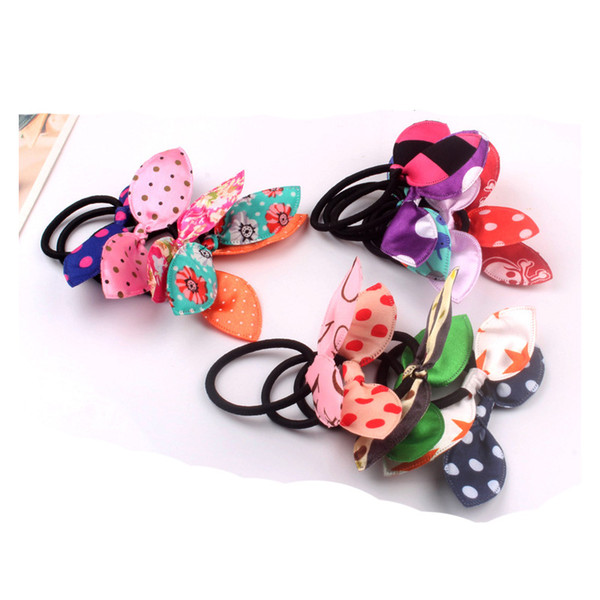 New Elastic hair ties hair bands Bunny Rabbit Ears style Bows HairBands Stripes Dots girls ponytail holder pony girl rubber hair accessories