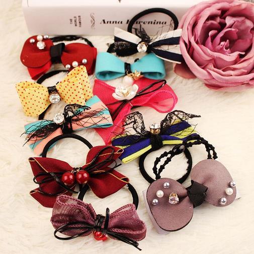 2016 grils bow Hair Rubber Bands hair jewelry head bands wholesales Diamond bow hair ring hair rope