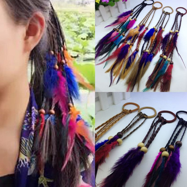 Handmade Bohemia Feather Hair Rubber Bands With Hair Plait Wood Beads Girls Hippie hair Rope Mix Colors