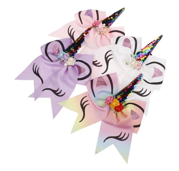 Kids Girls Unicorn Horn Hair rope Bowknot Bows Sequin Ponytail Holder Bow Headwear Children Rubber Band Hair Ties Rope Children Gifts KF5