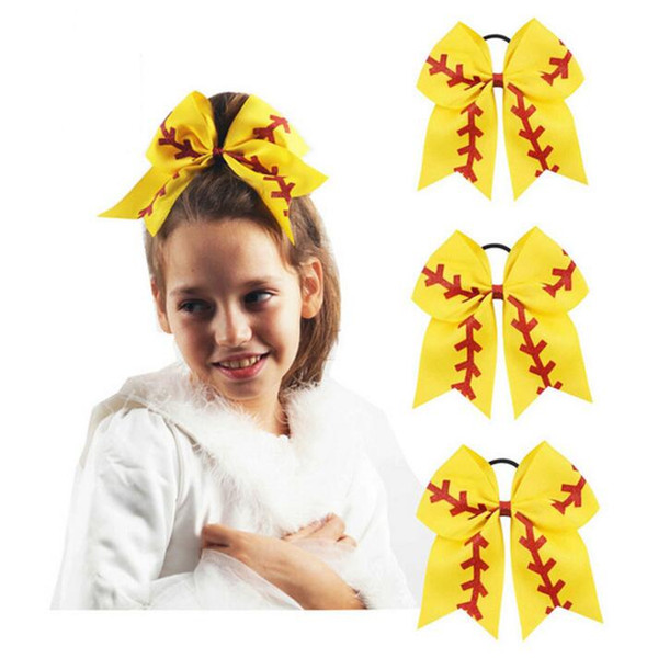 7 inch Softball Team Baseball Cheer Bows Handmade Yellow Ribbon and Red Glitter Stiches with Ponytail Hair Holders for Cheerleading Girls