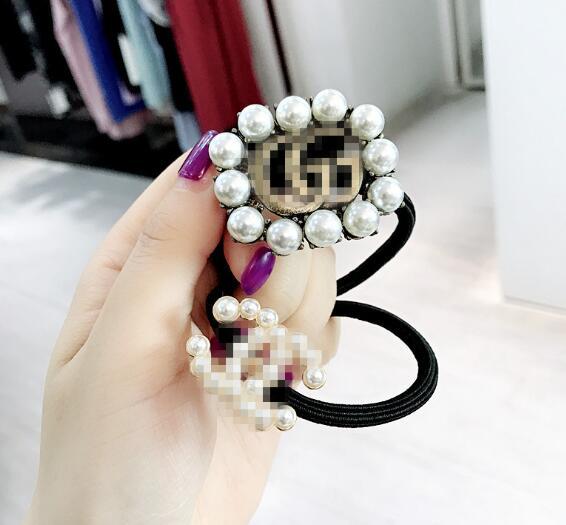 Women Girl Fashion Pearl Letters Logo Hair Rope Black Elastic Hair Rubber Bands Ponytail Tail Holder Hair Jewelry Accessories