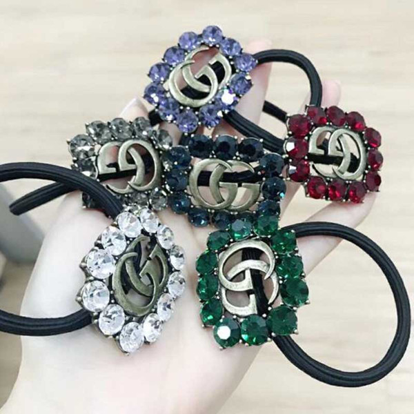 Retro Fashion Hollow Letters Design Hairbands Multicolor Crystal Rhinestone Hair Rubber Bands For Women Girl Hair Jewelry Support Mix