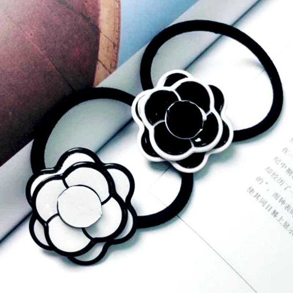 Fashion Black White Camellia Flower Hair-Rope With Double Letters Hair Ties Elastic Hair Rubber Bands For Women Hair Jewelry Support Mix