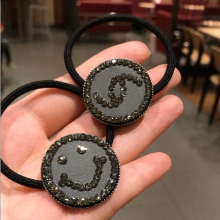 Fashion Women Girl Black Crystal Letters Smile Hair Rope Round Hair-tirs Elastic Hair Rubber Bands Ponytail Tail Holder Hair Bands Jewelry