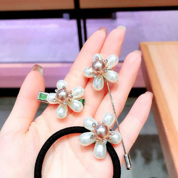 Korea Fashion Crystal Pearl Flower Hair Rubber Bands Brooch Pins Barrettes Women Girl Hair Jewelry Accessories