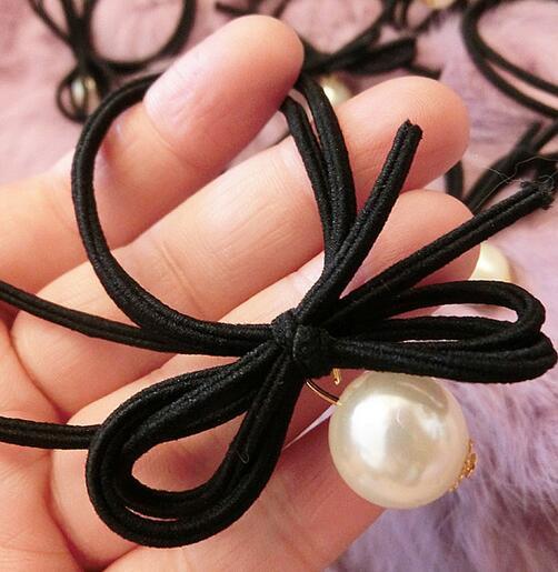 Wholesale Pearl Pendant Bowknot Hair Ties Rope Black Elastic Rubber Hairband Headband Popnytail Holder Headwear For Women Girl Hair Jewelry