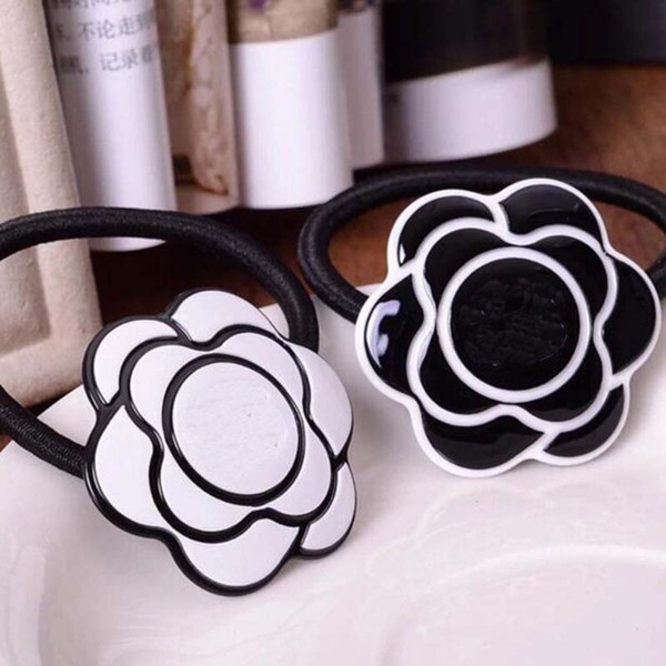 New Fashion Black White Enamel Camellia Flower Hair Band With Double Layers Letters Hair Rubber Bands Women Girl Hair Jewelry Support Mix