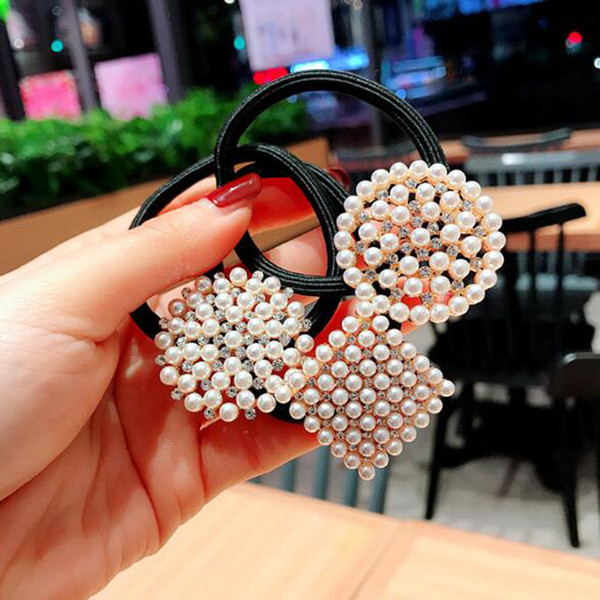 New Fashion Geometry Pearl Crystal Flower Hair Rope Ties Elastic Hair Rubber Bands Ponytail Tail Holder Hairbands Jewelry Accessories