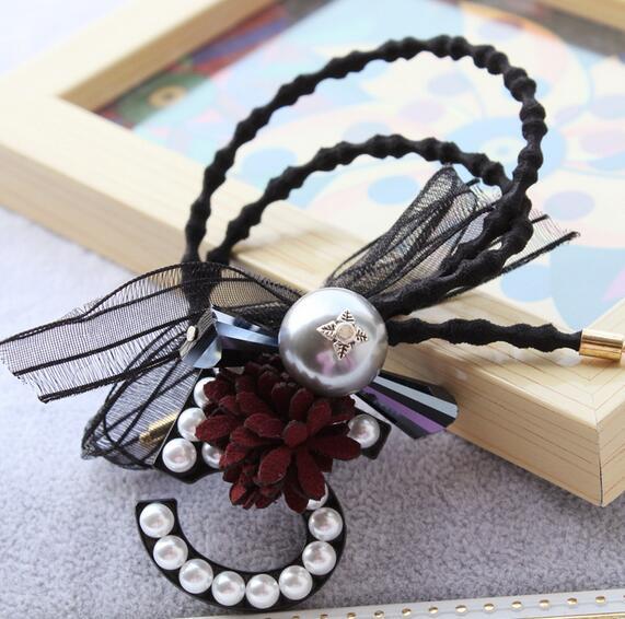 Fashion Number 5 Pearl Flower Hair Ties Rope Double Layers Elastic Rubber Hairband Headband Ponytail Tail Holder Headwear Headwrap For Women