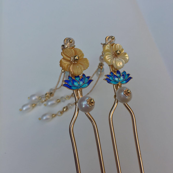 Hand Made Hanfu Accessories Ancient Ashion Decorations Hair Hairpin Burning Blue Shellfish Flower Xiaoqing Baitao Hairpin. A Dream Of Immort