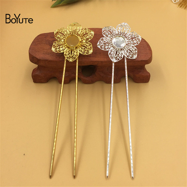 BoYuTe 5Pcs 12MM Cabochon Base Tray Silver Gold Kanzashi Hair Stick Women Diy Accessories Hair Jewelry