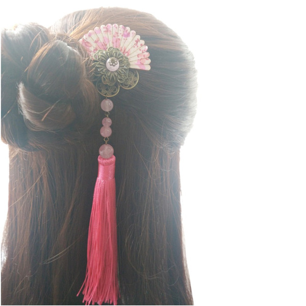 FANTACCRAFTS Pink Long Tassel Fan Shape Hair Clips Women Girl Kimono Hair Accessories Cosplay Bronze Vintage Fringe Red Cyan Pin