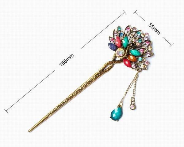 Chinese Design Vintage Plated Rhinestone Resin Peacock Hairpins Bohemian Ladies hairstick 6 Colors Available women hair jewelry SF446