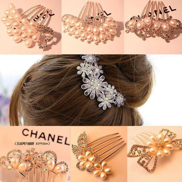 Bridal Gold Plated Alloy Pearl Rhinestone Crown Flower Butterfly Peacock Diamond Pearl Hair Clasp Accessories Jewelry Hair Combs Hairpins