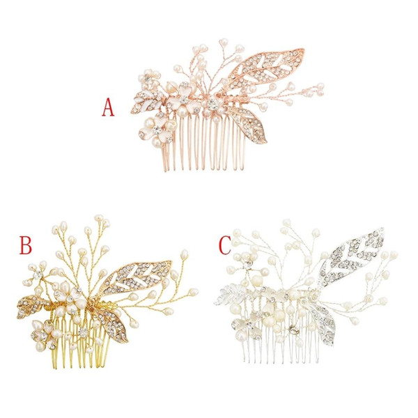 Luxury Pearl Crystal Hair Combs Headdress Prom Bridal Wedding Hair Accessory Rose Gold Silver Leaf Flower Jewelry Pins