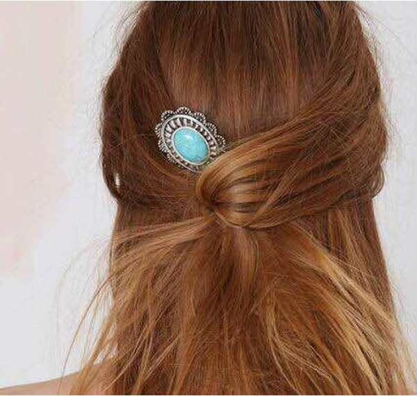 Hair Pins Fashion Women Ethnic Vintage Turquoise Antique Silver Plated Flower Hair Accessories Wholesale Drop ShippingSHR383