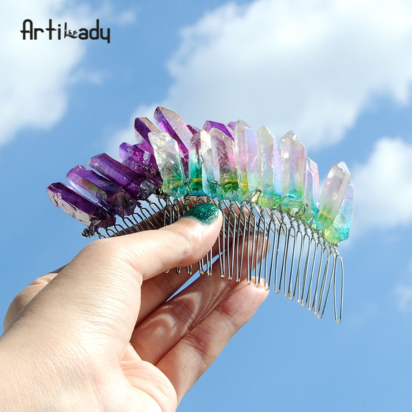 Artilady Raw Quartz Hair Comb Wedding Tiara Wedding Headband Crystal Comb Bridal Hair Accessories Healing Wedding Jewelry