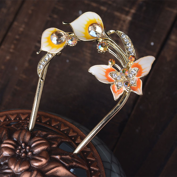 Retro Chinese Style Painting U Shape Butterfly Enamel Metal Hair Stick Hairpins Women Banquet Party Flower Hair Jewelry