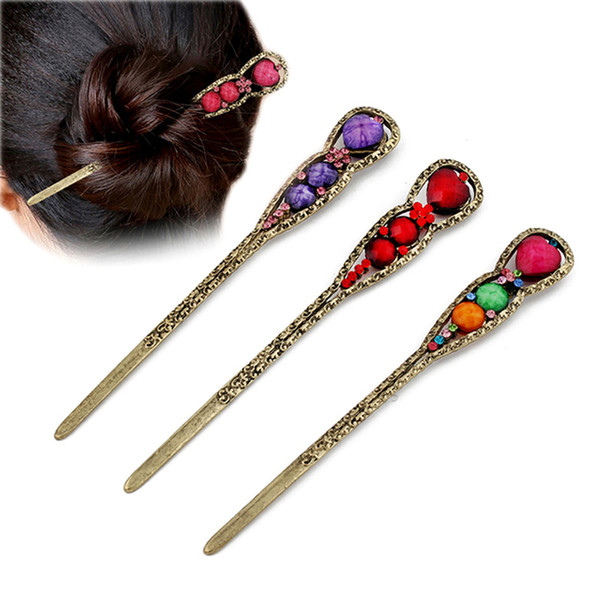 Vintage Bronze Disk Hair Device Alloy Hair Pins Colorful Rhinestone Hairclips Updo Headwear for Women Hair Accessories Wholesale