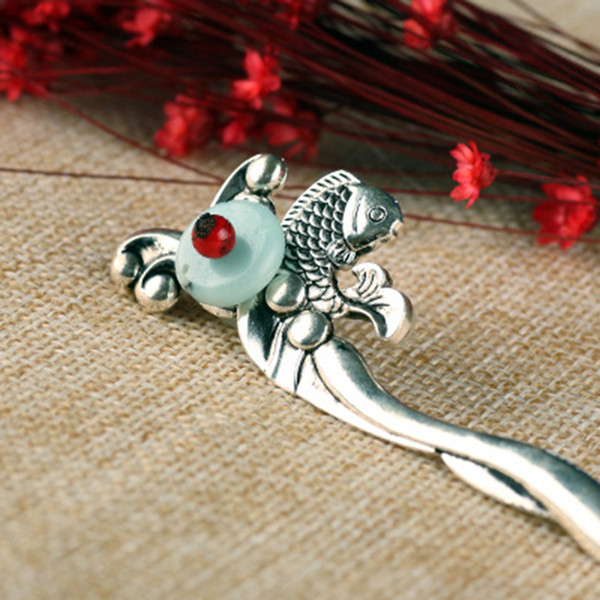 Miao silver plate hair cute personality retro can match the ancient costume Hanfu small fish leaping dragon door auspicious hairpin