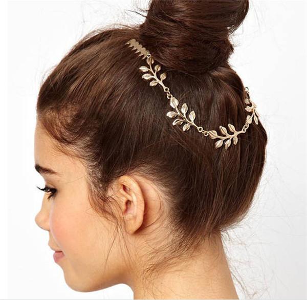 Fashion 18k Gold Plated Leaf Hair Comb Clip Cuff Tassel Chain Head Headpiece Women Hair Jewelry Leaves Comb Accessories For Party Wedding