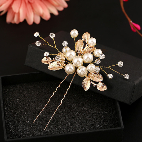 6 PCS Gold Flower Leaf U shape Hair Sticks Pearl Clip Vintage Hair Pins Wedding Accessories Crystal Bridal Head piece