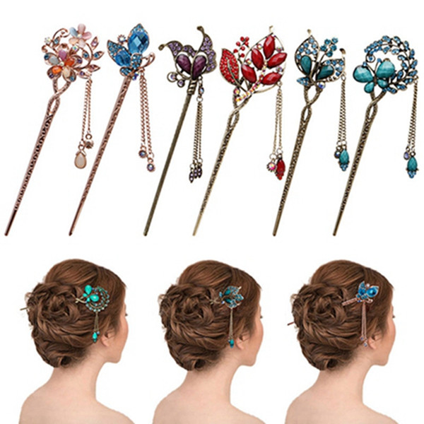 Vintage Fashion Jewelry Crystal Hairpin Headdress Blue Crystal Hair Sticks Hairpin For Women Girl Hair Accessories