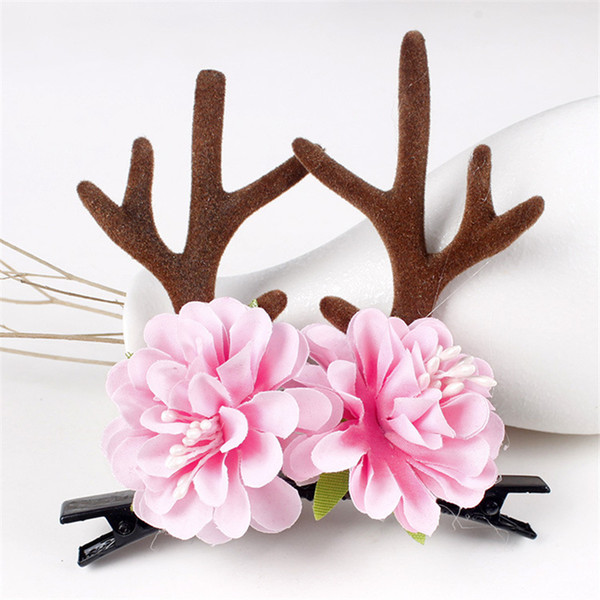 2017 New Girls Cute Antler Flower Birthday Hair Clips Party Christmas Photo Women Kids Lovely Deer Horn Floral Hairpin Barrettes