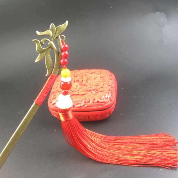 China Wind lotus hairpin Red Coral Red Agate Amber Resin Lotus Tassel