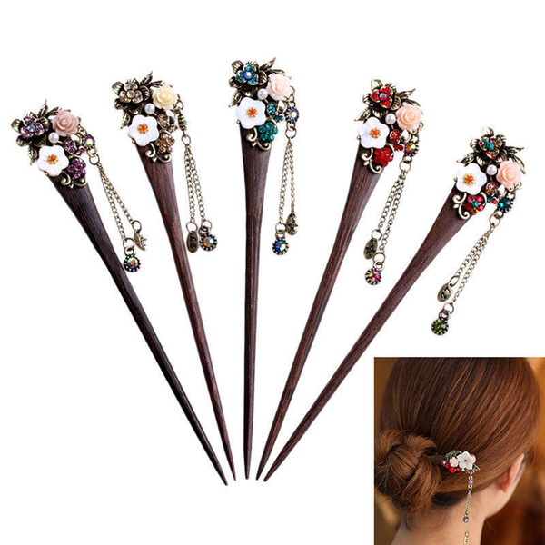 1pcs Women Ladies Vintage Wooden Hair Stick Pin Handmade Rhinestone Flower Wood